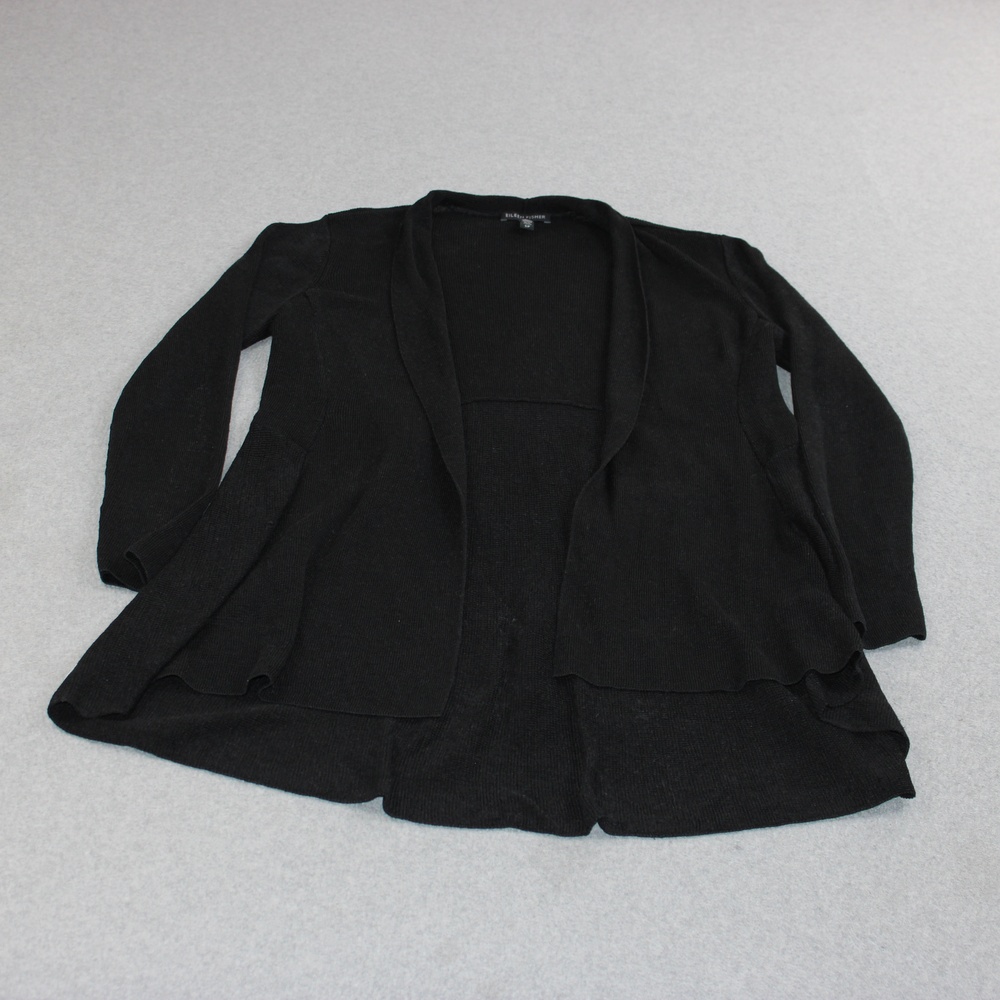 Eileen Fisher Sweater Women Small Black Cardigan Organic Linen Open Boho Coastal